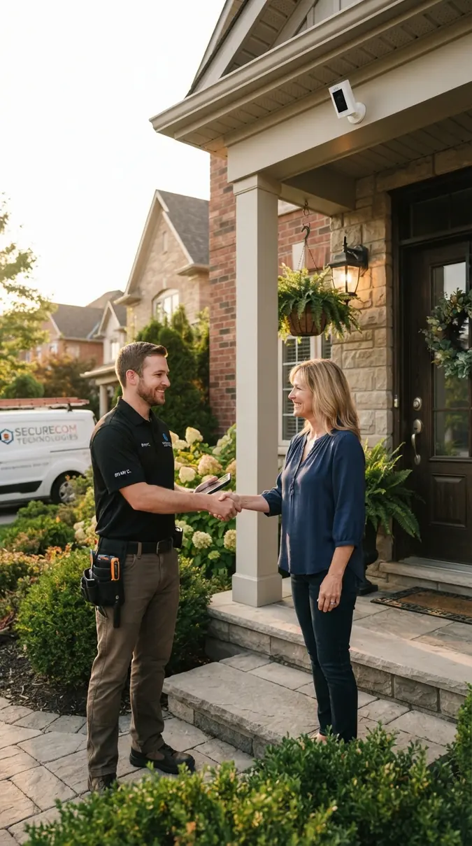 Technician shaking hands with a homeowner on the front steps of a brick home