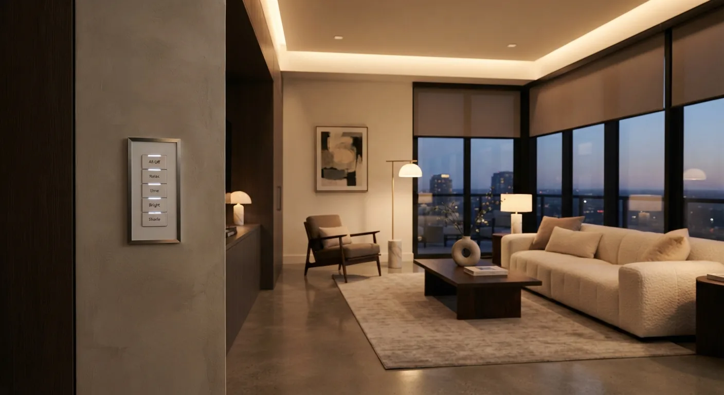 Living room at dusk with dimmable recessed lighting, motorized shades and a wall lighting keypad