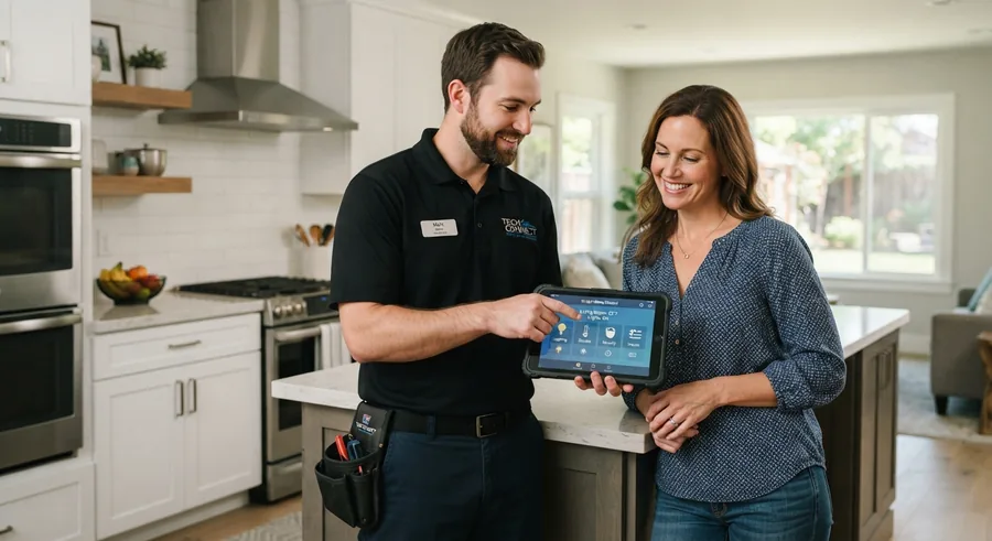 Technician walking a homeowner through a smart home app on a tablet in the kitchen