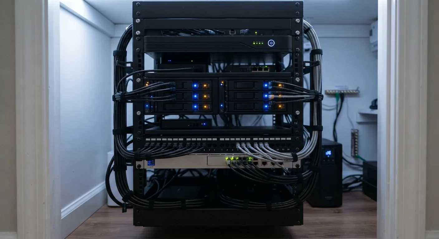 Equipment closet with a server rack, NVR recorders and cleanly dressed network cabling