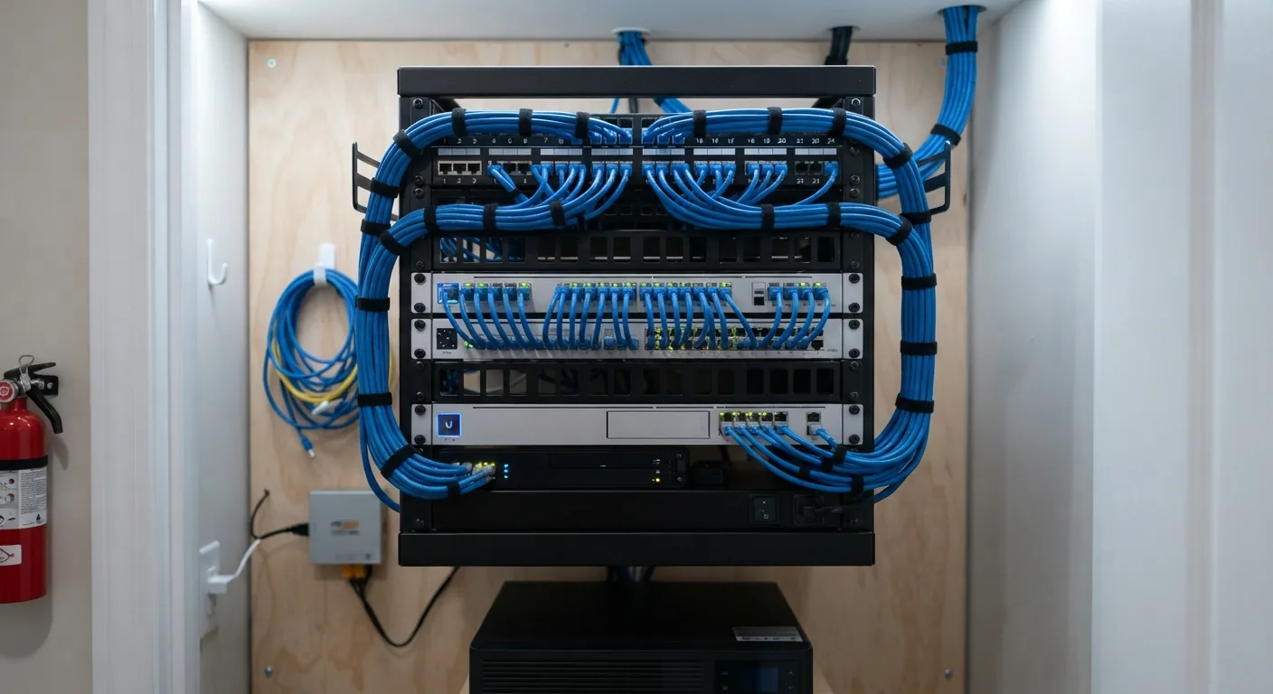 Wall-mounted network rack with neatly bundled blue Cat6 patch cables and switches