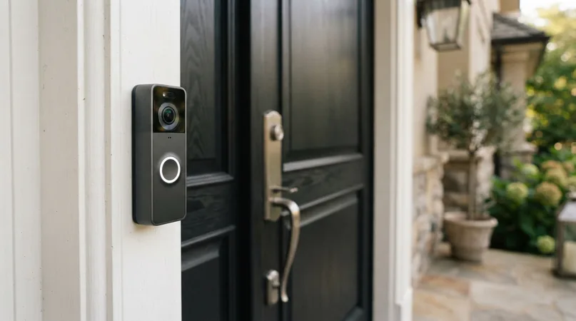 Video doorbell mounted beside a black front door with brass hardware