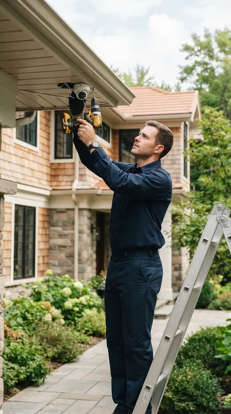 Technician on a ladder installing an outdoor security camera under the eave of a home
