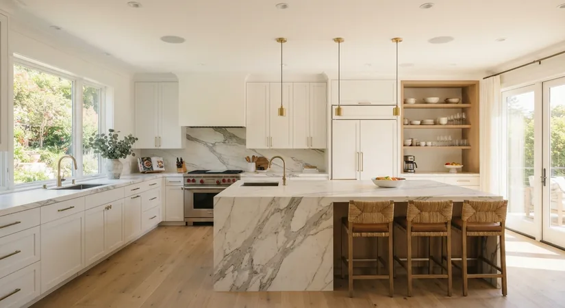 Bright white kitchen with a marble island and brass pendant lights