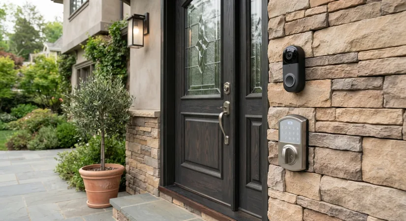 Keypad smart lock and video doorbell at a black front door framed in stone