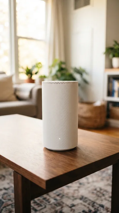 White mesh Wi-Fi unit on a wooden side table in a sunlit living room