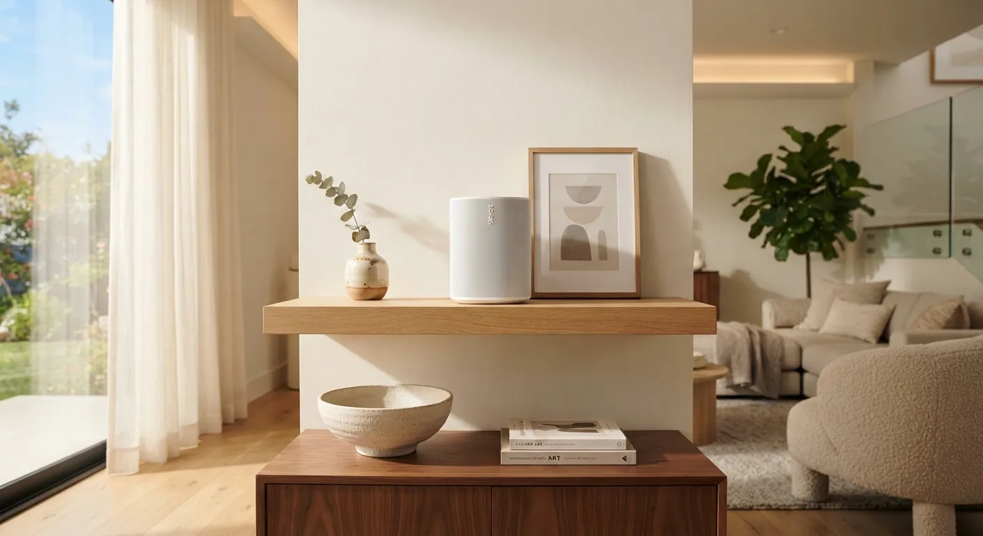 White wireless speaker on a floating oak shelf in a bright, minimalist living room