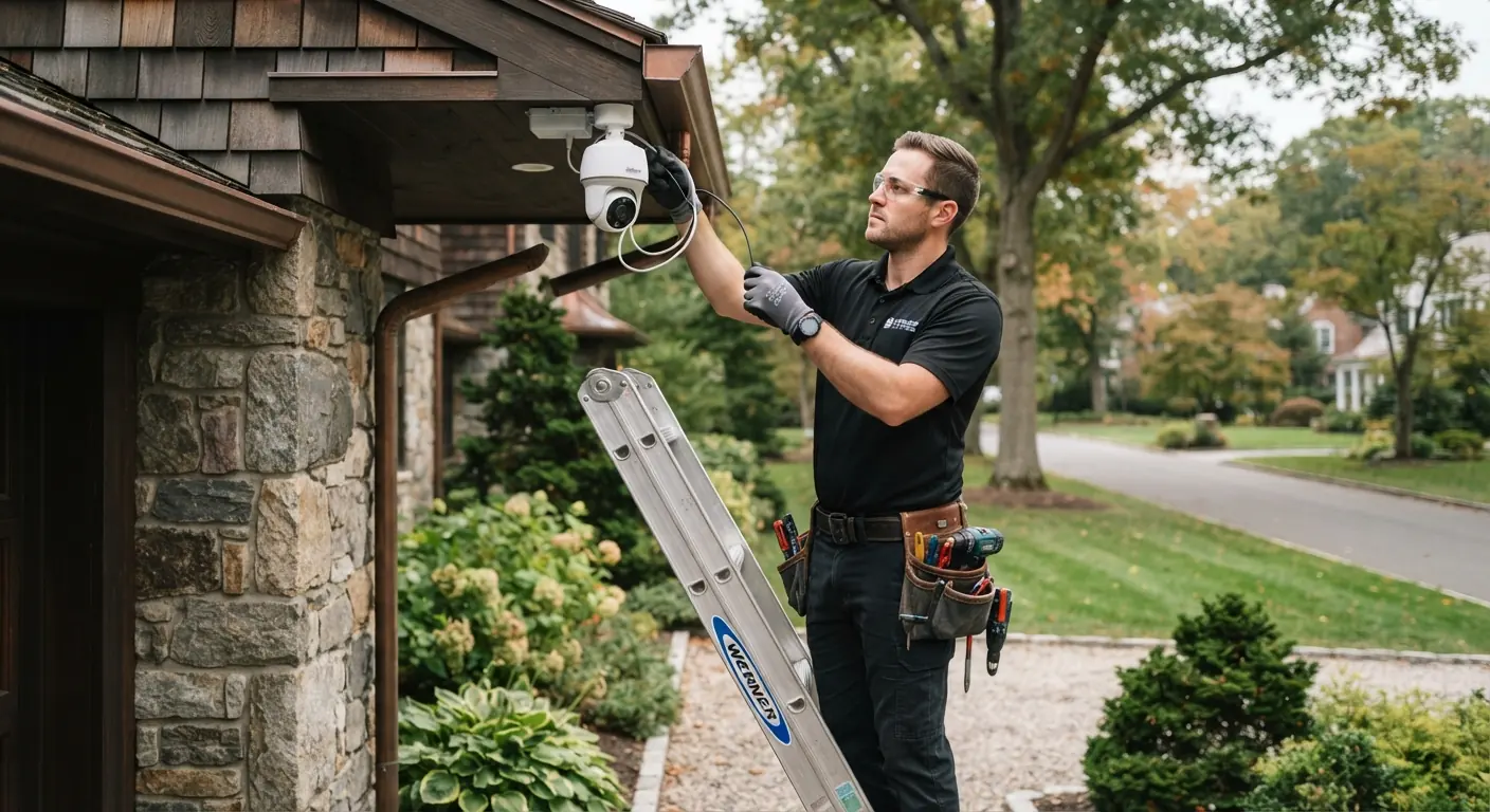 Technician on a ladder installing a security camera under the eave of a stone and cedar-shingle home