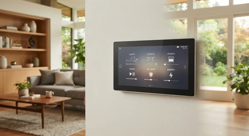 Wall-mounted smart home touchscreen showing lighting, climate and music controls