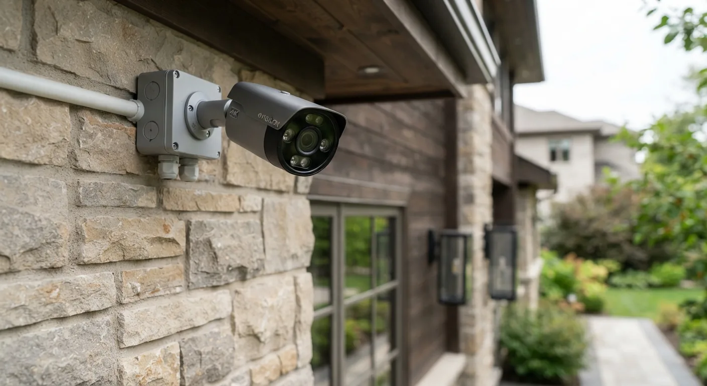 Bullet security camera mounted on the stone wall of a home, covering the side walkway