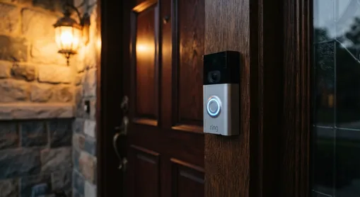 Video doorbell installed beside a wooden front door, lit by a porch lantern at dusk