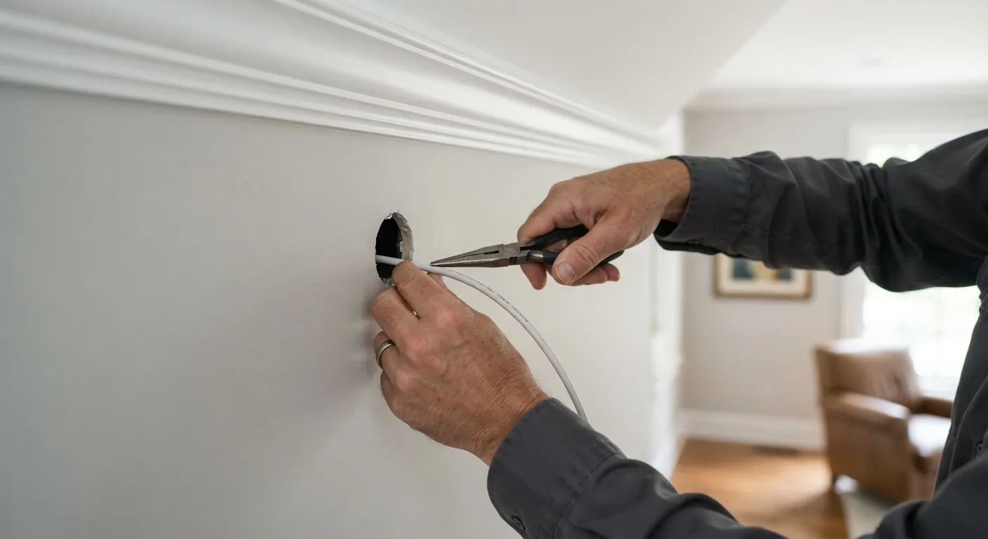 Technician fishing low-voltage cable through a small wall opening for a concealed install