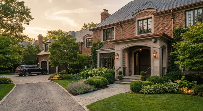 Brick estate home with a long driveway and landscaped front garden at sunset