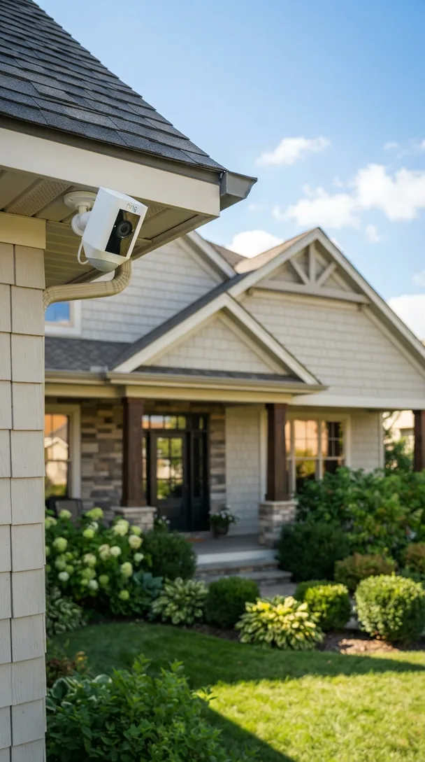 White security camera mounted under the eave of a gray-sided suburban home